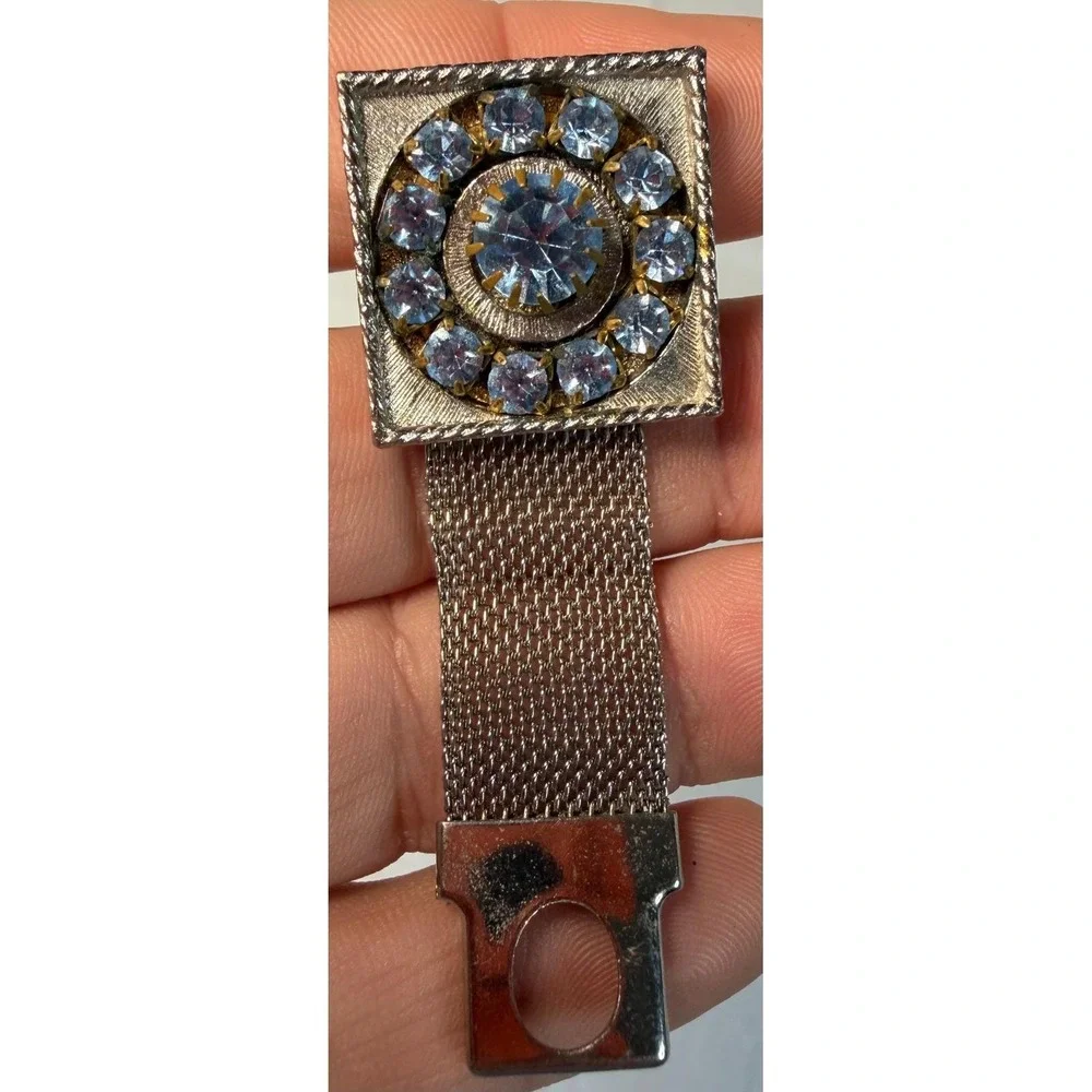 VTG Silver Tone Blue Rhinestone Mesh Wrap Around Cufflinks Square Mid Century